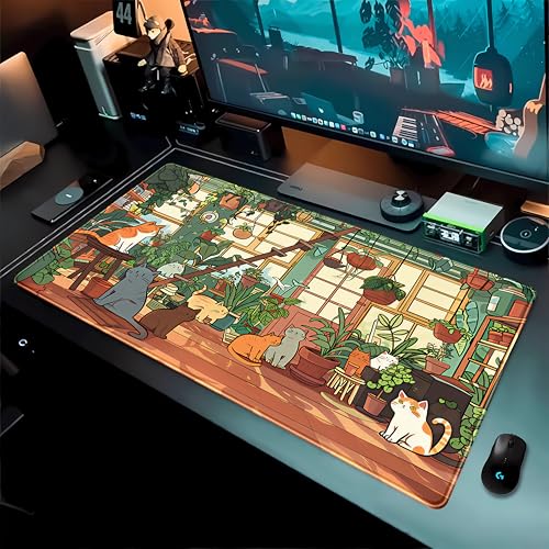 Large Desk Mouse Pad Cute Cats Desk Mat, Extended Gaming Mouse Mat, Office Home Keyboard Pad, Green Plant Computer Mats XXL, Cute Full Desktop Mat, Anime PC Accessories for Women 31.5" x 15.75" - color: Kawaii Cats