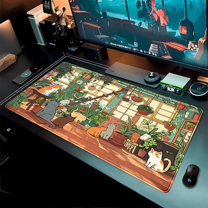 Large Desk Mouse Pad Cute Cats Desk Mat, Extended Gaming Mouse Mat, Office Home Keyboard Pad, Green Plant Computer Mats XXL, Cute Full Desktop Mat, Anime PC Accessories for Women 31.5" x 15.75" - color: Kawaii Cats