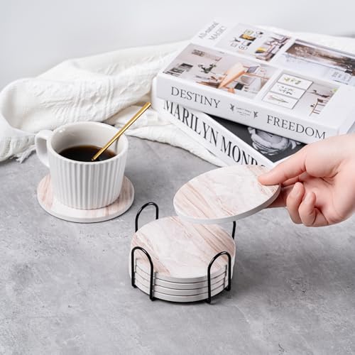 Hoewina 6Pcs Drink Coasters with Holder, Marble Style Ceramic Drink Coaster, Absorbent Coasters Set Suitable for Kinds of Cups, Modern Style Coasters for Coffee Table, 4 Inches（Cloud Style） - color: Cloud Style