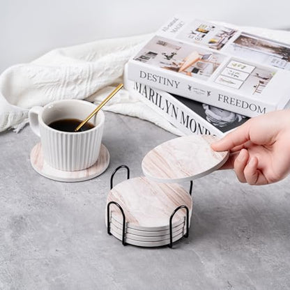 Hoewina 6Pcs Drink Coasters with Holder, Marble Style Ceramic Drink Coaster, Absorbent Coasters Set Suitable for Kinds of Cups, Modern Style Coasters for Coffee Table, 4 Inches（Render Style） - color: Render Style