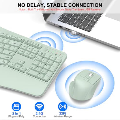 Wireless Keyboard and Mouse Combo, 2.4G Full Size Wave Keys Ergonomic Keyboard with Wrist Rest and 3-Level DPI Adjustable Wireless Ergonomic Mouse for Windows, Mac OS Desktop/Laptop/PC(Avocado Green) - color: Green