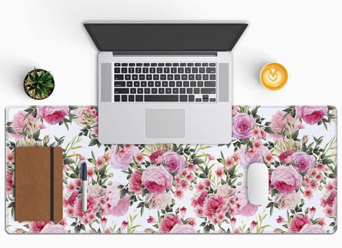 Floral Pattern with Roses Desk Mat Pink Large Extended Mouse Pad XL Desk Pad Gaming Mousepad Keyboard Mouse Mat for Computer Laptop 31.5''X11.8'' Non-Slip Rubber Base with Stitched Edges - color: Floral Pattern With Roses