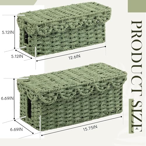Patelai 2 Pack Scalloped Cable Management Box, Paper Rope Cord Cable Organizer Box with Lid, 2 Open Slots Cord Basket for Power Strips & TV Wires, Desk, Floor, Office (Green Color)