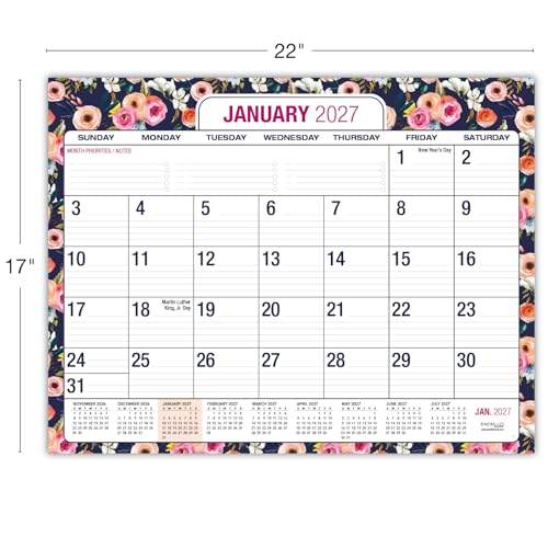 Desk PAD: 22" x 17" Large Print Desk Pad Calendar, APR 2026 - DEC 2027, 21 Months, (Small Navy Floral) - color: Small Navy Floral