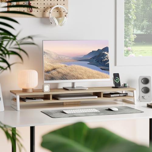 Fenge Dual Monitor Stand for Desk, 42.5in Large Monitor Riser for 2 Monitors, 2 Tier Computer Office Desk Top Shelf, Desktop Storage Stand for Laptop, PC, Computer, Printer - color: Oak