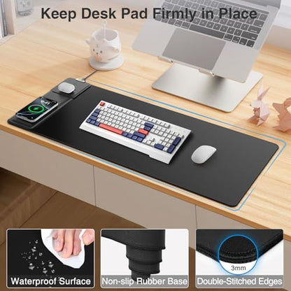 Wireless Charging Mouse Pad with Foldable Phone Holder, 31.5"x15.8" Extended Desk Mat for Laptop/Keyboard, Waterproof Ultra-Smooth Surface, Non-Slip Base & 20W PD Adapter, Black - color: Black-Phone Holder-31.5"x15.8"(with Wall Charger)