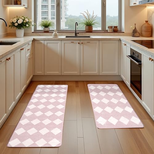 Pink Moroccan Trellis Checkered Kitchen Rug Sets [2 PCs], Anti-Fatigue, Waterproof Non-Slip Kitchen Mats Heavy Duty Ergonomic Comfort Foam Rug for Floor, Home, Laundry,17"x29"+17"x47" - color: Trellis-pink, size: 17.3"x29"+17.3"x47"-0.4"H