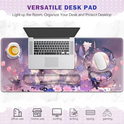 Large Desk Mat, Gaming Mouse Pad, Desk Pad Protector, XXL Mousepad + Keyboard Wrist Rest+Mouse Wrist Rest+Coaster Set with Ergonomic Desk Pad for Home Office PC Computer, Pastel Purple Flower Moon - color: Pastel Purple Flower Moon