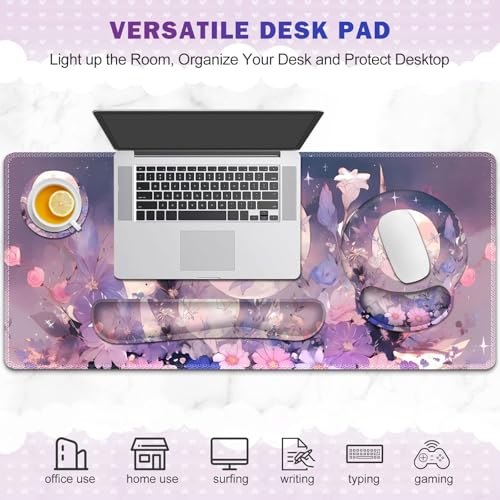 Large Desk Mat, Gaming Mouse Pad, Desk Pad Protector, XXL Mousepad + Keyboard Wrist Rest+Mouse Wrist Rest+Coaster Set with Ergonomic Desk Pad for Home Office PC Computer, Pastel Purple Flower Moon - color: Pastel Purple Flower Moon