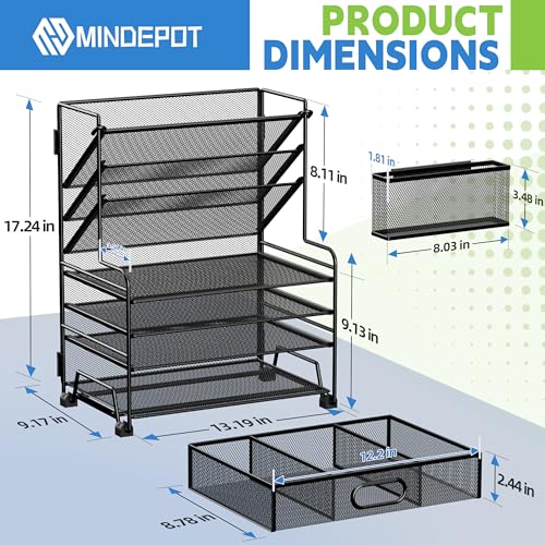 MINDEPOT 4-Tier Paper Organizer + 3-Pocket File Holder + Drawer + Pen Holders, Desktop File Organizers Paper Tray for Office Accessories School Classroom Organization (Black) - color: Black