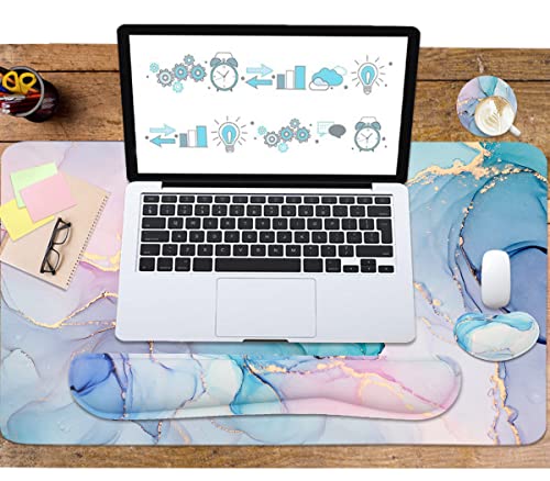 Ergonomic Large Mouse Pad and Keyboard Wrist Rest, Desk Pad for Keyboard and Mouse, 4-in-1 Large Gaming Mouse Pad with Wrist Support - Blue Marble - color: Blue Marble