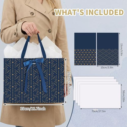 woric 2 Pcs Gift Bags for Men, 13.7" Large Blue Graduation Gift Bag with Handles Matching Tissue Paper Cards for Men Birthday Wedding Anniversary Special Occasion - color: Navy Blue