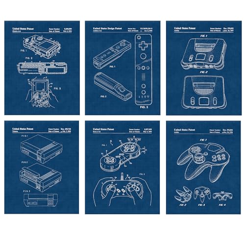 Classic Video Game Console Controller Patent Prints, 6 (8x10) Unframed Photos, Wall Art Decor for Home Work Office Studio Tech Lounge Robotics Gears Online Battle Royales Gaming Shop School Student Teacher - color: Blue