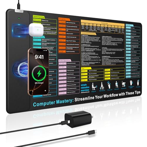 Wireless Charging Mouse Pad with Excel Formulas Shortcuts, 31.5"x15.8" Extra Large Office Spreadsheet Cheat Sheet Desk Mat, Waterproof Ultra-Smooth Surface, Non-Slip Base, with 20W PD Adapter - color: Black-Excel Shortcuts-31.5"x15.8"(with Wall Charger)