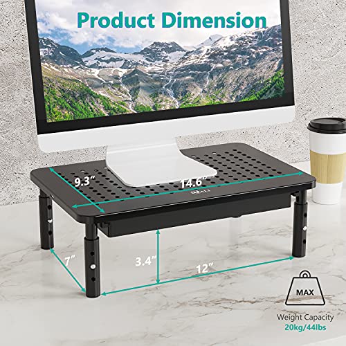WALI Computer Monitor Stand with Storage, Desk Monitor Riser 3 Height Adjustable, Laptop Riser with Airflow Vents, Desk Organizer for Computer, Laptop, Printer, Notebook (STT003D-B), 1 Pack, Black - color: Metal Black, size: 14.6"L * 9.3"W,11" 1 Drawer
