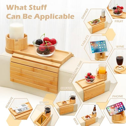 Couch Cup Holder Tray, 15.75" Bamboo Cup Holder for Couch, 3 in 1 Foldable Arm Chair Clip on Side Tray Table for Remote Snack Table on Armrest - color: Bamboo