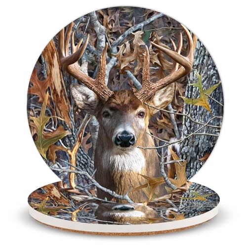 Deer Ceramic Coasters of 2 with Cork Backing Absorbent Cup Coaster | Non-Slip Coasters for Drinks and Coffee Table Office Desk Home Decor, Gifts for Deer Lovers, Mom, Nature Enthusiasts - color: Deer