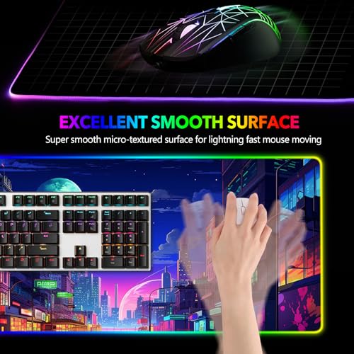 AIMSA RGB Gaming Mouse Pad, Large Mousepad with 14 Led Light Modes, Keyboard Pad Gaming Accessories for Desk, Non-Slip Rubber Base Mouse Mat for Gamer, Modern Urban Night Scene - color: Modern Urban Night Scene