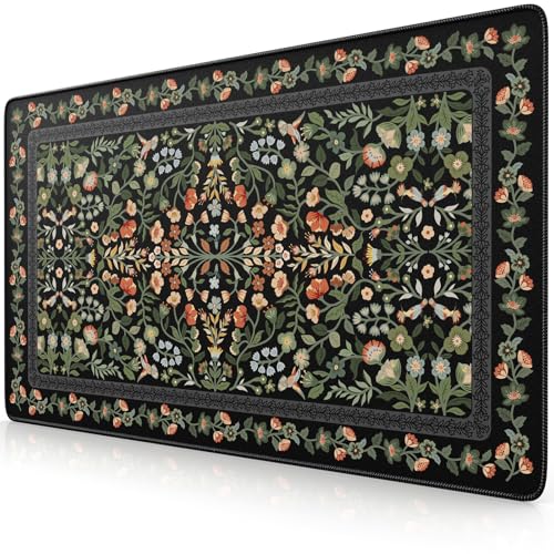 iCasso Aesthetic Flower Mouse pad for Laptop, Desk Pad Mat, Vintage Desk Matt for Desktop 13.7"x23.6", Anti-Slip Mousepad with Stitched Edges for Laptop Computer Keyboard(Black) - color: Black, size: 23.6L x 13.7W inches