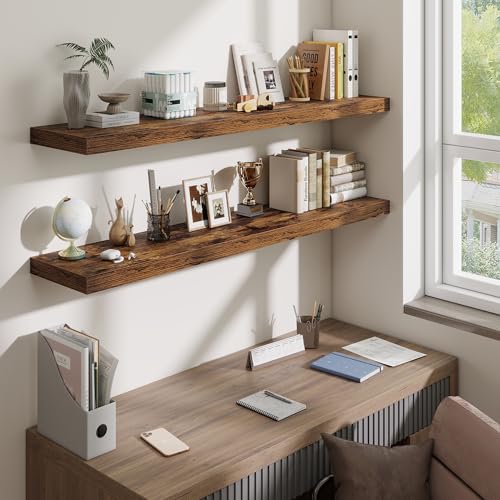 Fun Memories 55 Inch Fireplace Mantel Shelf, 10 Inch Deep Shelves for Display & Wall Storage, Rustic Wood Wall Shelf, Extra Long Floating Shelves for Living Room Laundry Room, Rustic Brown, Set of 2 - color: Brown Color, size: 55W x 10D x 1.5H