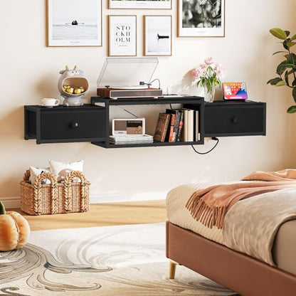 Snughome Floating TV Stand Wall Mounted with Power Outlet 55", Floating Entertainment Center with LED Lights, Floating TV Shelf with Drawer, Wall Mounted Media Console Shelf for Living Room, Bedroom - color: Black, size: 55.12" x 11.02" x 6.5"