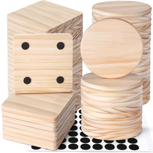 60 Pieces Unfinished Wood Coasters, GOH DODD 4 Inch Wooden Blanks with Non-Slip Pads for Laser Engraving Wood Burning Staining Painting Decoupage Housewarming Gifts Wedding Crafts Education - color: Round&Square-60 Pieces