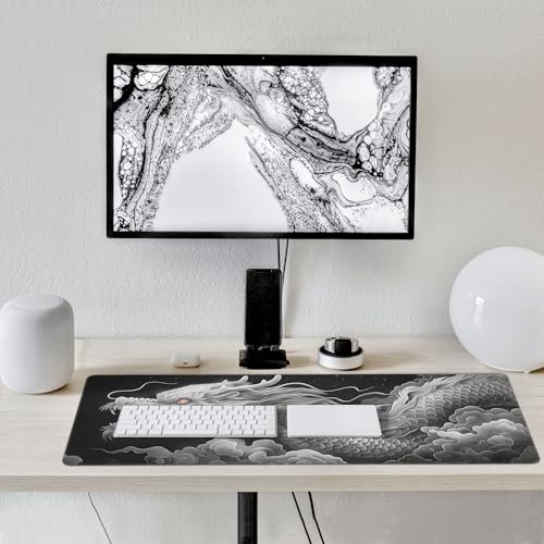 Extended Gaming Mouse Pad with Dragon Design, 35.4 x 15.7 Inches, Non-Slip Rubber Base, Stitched Edges, Rectangular Desk Mat - color: Dragon