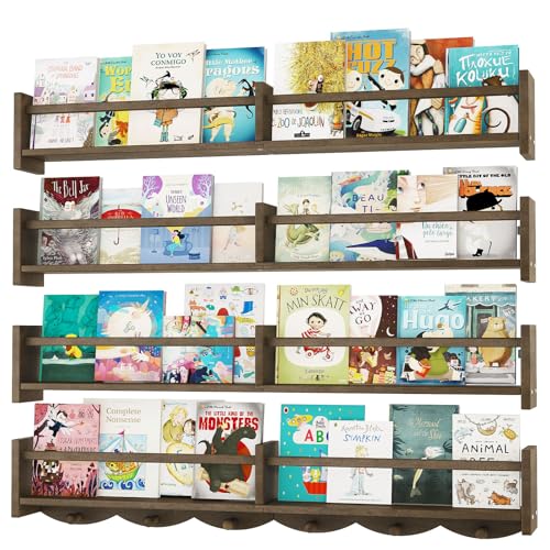 34Inch Nursery Bookshelves,Set of 4,Wall Floating Shelf Kids Coat Rack with 6Hooks,Hanging Book Shelf for Baby Nursery Room Décor (Dark Brown, 34) - color: Dark Brown