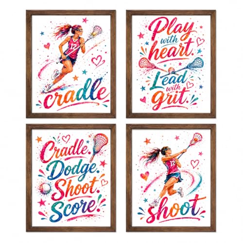 Girls Lacrosse Wall Art Set of 4, Inspirational Lacrosse Posters for Girls Bedroom, Pink Watercolor Sports Wall Decor, Motivational Quote Prints, Teen Athlete Room Decor, Preppy Lacrosse Gift for Girl Players, 8x10 Unframed Print Set - style: Girls Lacros