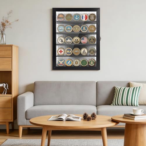 Challenge Coin Display Case with Lights Medals Collectible Figures Display Box with Led Lighting Cabinet Clear Acrylic Holder Shadow Box Wall Mounted Rack Shelf Storage Box for Bobble Heads Black