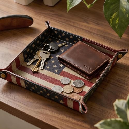 Valet Tray Desktop Storage Organizer, Vegan Leather Catchall Bedside Vanity Tray Nightstand Caddy Holder for Remote Controller, Watch, Keys, Phone, Wallet, Sunglasses, Jewelry - Flag - color: Flag Design