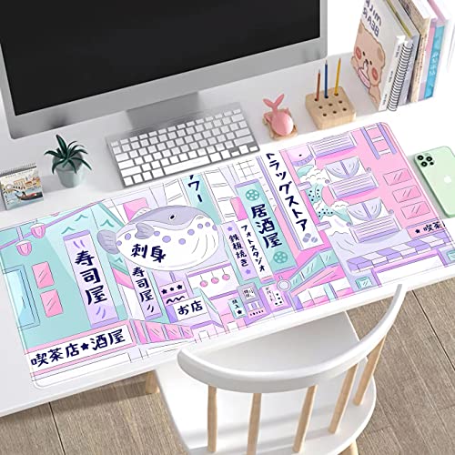 Pastel Tokyo Street Cute Desk Mat - Kawaii Anime Japanese Large Gaming Mousepad - Beige Desktop Laptop Keyboard Mouse Pad - City Aesthetics for Women Girl 31.5x15.75 in - color: Pastel Tokyo Street