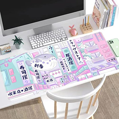 Pastel Tokyo Street Cute Desk Mat - Kawaii Anime Japanese Large Gaming Mousepad - Beige Desktop Laptop Keyboard Mouse Pad - City Aesthetics for Women Girl 31.5x15.75 in - color: Pastel Tokyo Street