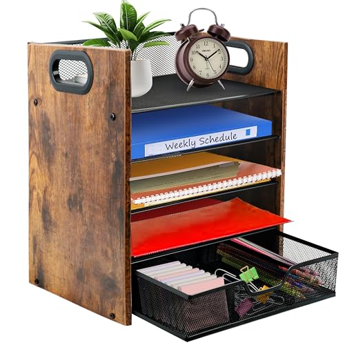 Desk Organizer, 5-Tier Desktop File Organizer with Drawer, Wooden Paper Tray Organizer, Office Desk Organzier and Accessories for Papers, Mail, Notebooks, Stationery - size: 5 Tier Drawer