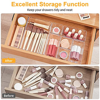 SMARTAKE 28 Piece Drawer Organizers with Non-Slip Silicone Pads, 4-Size Desk Drawer Organizer Trays Storage Tray for Makeup, Jewelries, Utensils in Bedroom Dresser, Office and Kitchen, Clear - size: 28 PCS