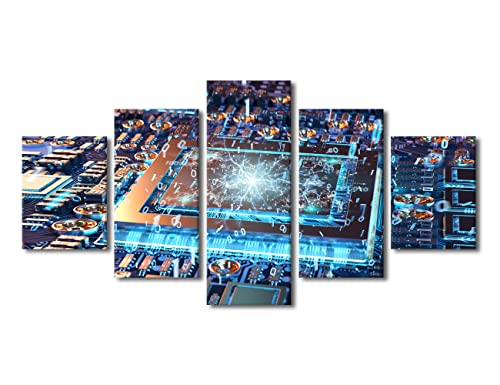 Canvas Art Wall Decor for Bedroom Computer Chip Wall Art Circuit And Connections Art Prints 5 Panel Wall Art Canvas Art Bedroom Wall Decor Above Bed Canvas Wall Decor Framed Wall Art, 60"x32" - color: Artwork-03, size: 60''Wx32''H