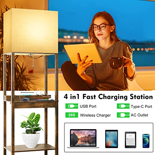 RUNTOP Floor Lamp with Shelves, Plus Shelf Lamp with Wireless Charger, 2 USB Port and Outlet, 1 Drawer, 15W LED Bulb, 3 Colors, Memory Function, Floor Lamps for Living Room, Standing Lamp for Bedroom - color: Upgraded Plus- Brown with Wireless Charger &US