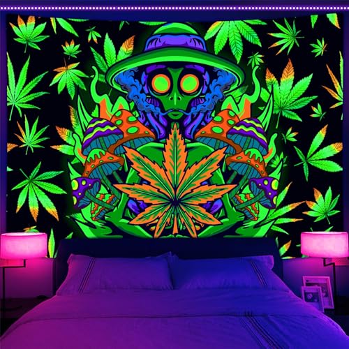 Xiaoput Blacklight Weed Tapestry for Bedroom, UV Reactive Black Light Cool Alien Posters for Adults, Marijuana Glow in the Dark Trippy Tapestry for Men Men Room Bedroom Gaming Decor 40X30IN - size: 40"L x 30"W
