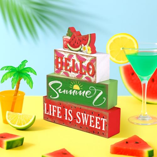Britimes 4 Pcs Summer Wooden Tiered Tray Decor Set, Sweet Watermelon Table Decor Life is Sweet Farmhouse Rustic Wooden Coffee Table Centerpieces for Home Kitchen Office Decorations (Watermelon Style) - style: Watermelon