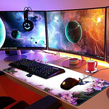 Hummingbird Extended Large Mouse Pad with Coaster - 35.4 x 15.7 Full Desk Mousepad - Stitched Edges - Ultimate Gaming Desk Mat - color: Hummingbird, size: 35.4L x 15.7W inches