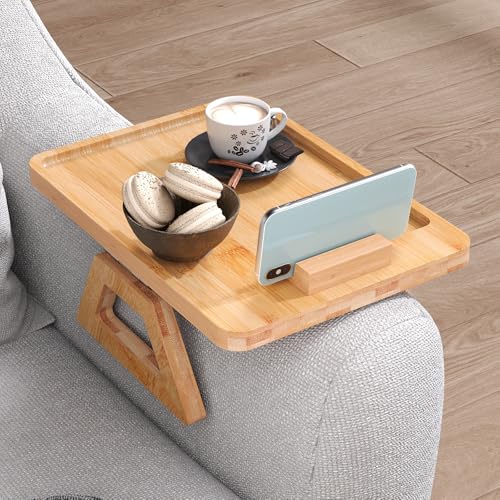 Couch Arm Tray with 360°Phone,Bamboo Folding Sofa Tray,Sofa Armrest Trays Clip-On Couch Desk for Drinks,Snacks,Phone,Remote Control（Natural） - color: Natural, style: 13.0" x 9.4"Phone Holder