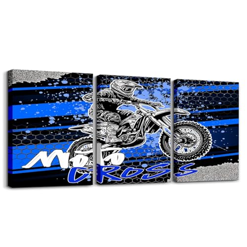 Feelyou Kids Boys Dirt Bike Bedroom Framed Wall Art Blue Extreme Sports Theme Motorcycle Pictures Decorations for Bedroom Racing Motocross Rider Living Room Wall Art Dining Room Decor,Set of 3 - color: Black and Deep Blue