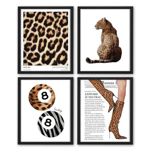 NaZaUK Trendy Leopard Wall Art, Funky Lucky 8 Ball Posters Prints, Aesthetic Room Decor, Wall Decor Set of 4, Preppy Room Aesthetic Cheetah Wall Decor for Bedroom Apartment Dorm, 8x10 Unframed - color: leopard3