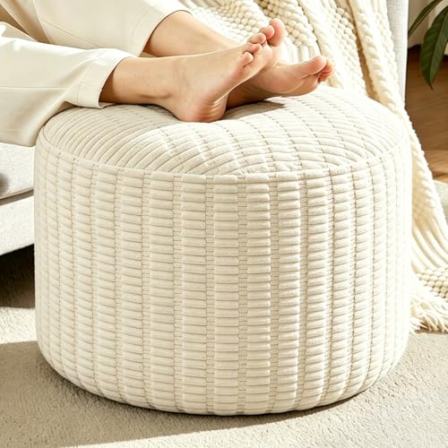 Round Corduroy Ottoman Foot Rest Pouf for Living Room Couch - Soft Plush Shredded Foam Filled Hassock Stool, Comfy Footstool for Adults (Cream - Chunky Corduroy, 20 INCH×15 INCH) - color: Cream - Chunky Corduroy, size: 20"D x 20"W x 15"H