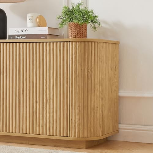64" Modern TV Stand Sideboard Storage Cabinet, Wooden Curved TV Console with Sliding Doors, Wave Pattern Buffet Cabinet Wooden Vertical Striped Table for Kitchen/Bedroom/Entryway (Natural) - color: Natural