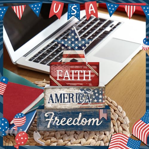 Britimes 4 Pcs Patriotic Independence Day Tiered Tray Decor Set, 4th of July Table Sign Farmhouse Red White Blue Rustic Wooden Block Stack Sign Memorial Day Decorations for Home Office (Star) - style: Star