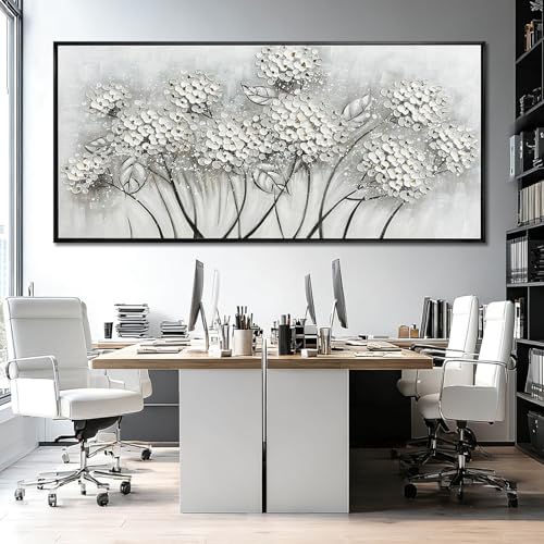 Kureful Grey and White Hand Painted Wall Art Flower Canvas Artwork Contemporary Oil Paintings 40"x86" Decorations for Bedroom Office - color: White, size: 86"L x 40"W