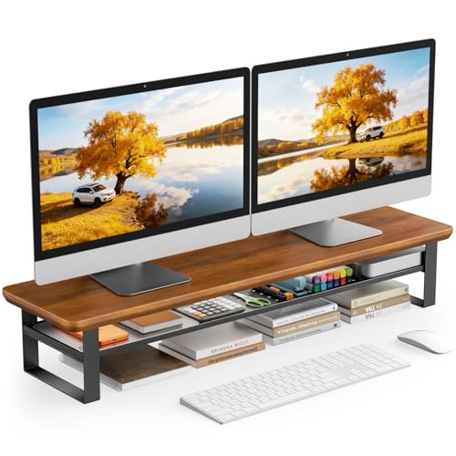 Dual Monitor Stand, 35.4 Inch Monitor Stand Riser for 2 Monitors, 2 Tiers Wood Desk Shelf with Storage, Desktop Organizer Stand for Computer, Laptop, Printer, TV - color: Walnut, size: 35.4in