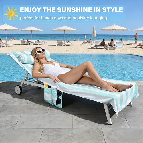 Tirrinia Lounge Chair Towel Cover with Fitted Top Pocket, DIY Pillow Design (Stuff with Clothes or Towels), Beach Chair Cover for Pool Lounge Chairs, Chaise Lounge Towel Cover, Soft & Quick Dry - color: Blue Stripe