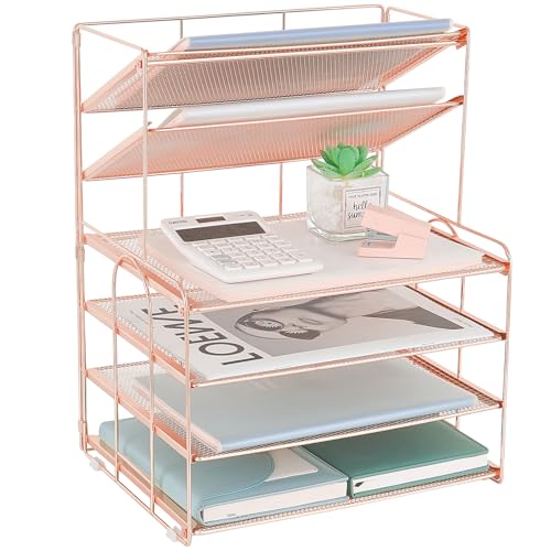 OPNICE Desk Organizers and Accessories, 6-Tier Letter Tray Paper Organizer, Desktop File Organizer, Office Desk Accessories for Office Supplies (Rose Gold) - color: Rose Gold, size: 12.9" x 9" x 13.3"